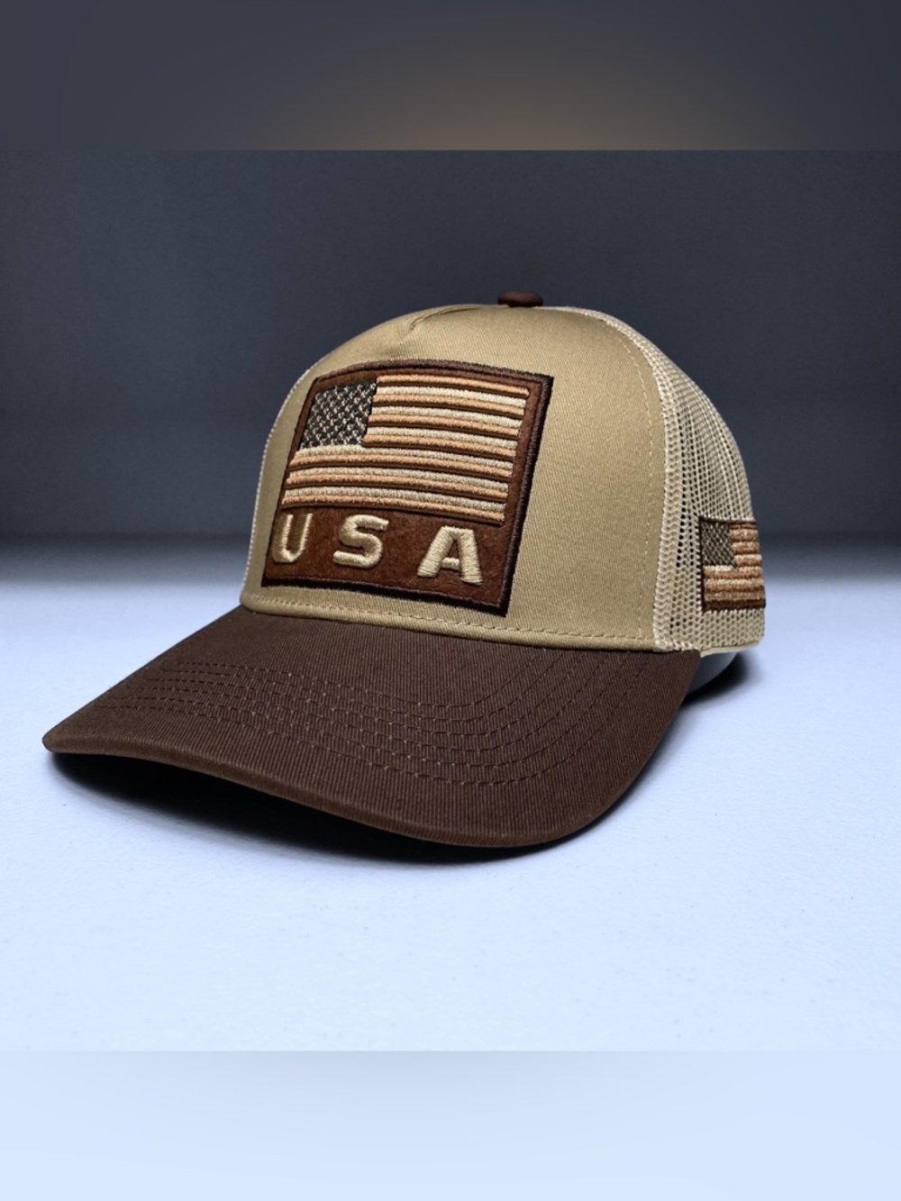 USA Flag Embroidered Patch Snapback Cap, Tan and Brown, Curved brim